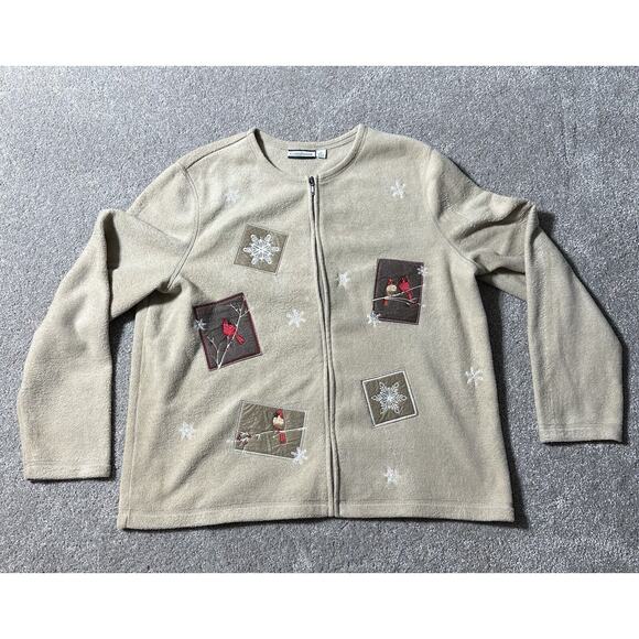 Vtg Womens XL Sweater Zip Snowflakes Cardinals Birds Cozy Winter Cottagecore - Picture 1 of 11